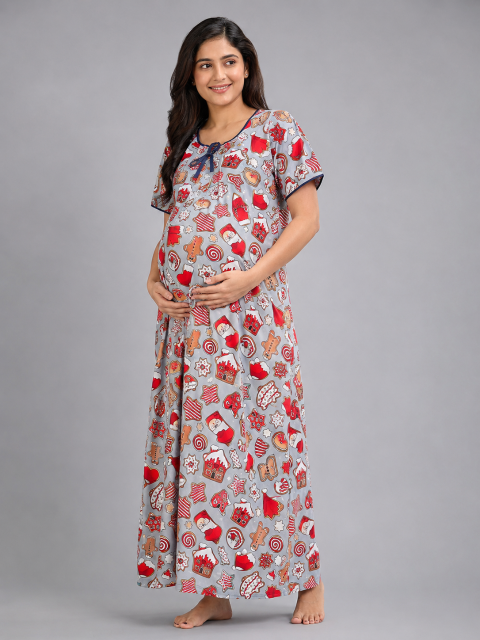 Gingerbread Maternity Gown - Pure Cotton Round Neck Gown with 2 Invisible Zips for Feeding