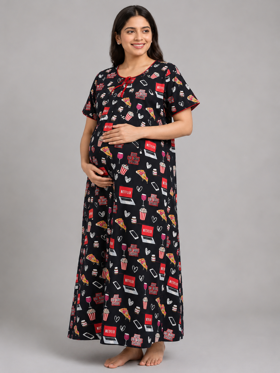 Netflix &amp; Chill Maternity Gown -Pure cotton Round Neck Gown with 2 Invisible Zips for Feeding
