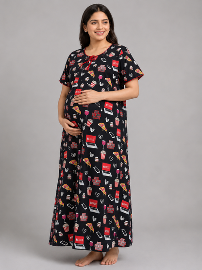 Netflix &amp; Chill Maternity Gown -Pure cotton Round Neck Gown with 2 Invisible Zips for Feeding