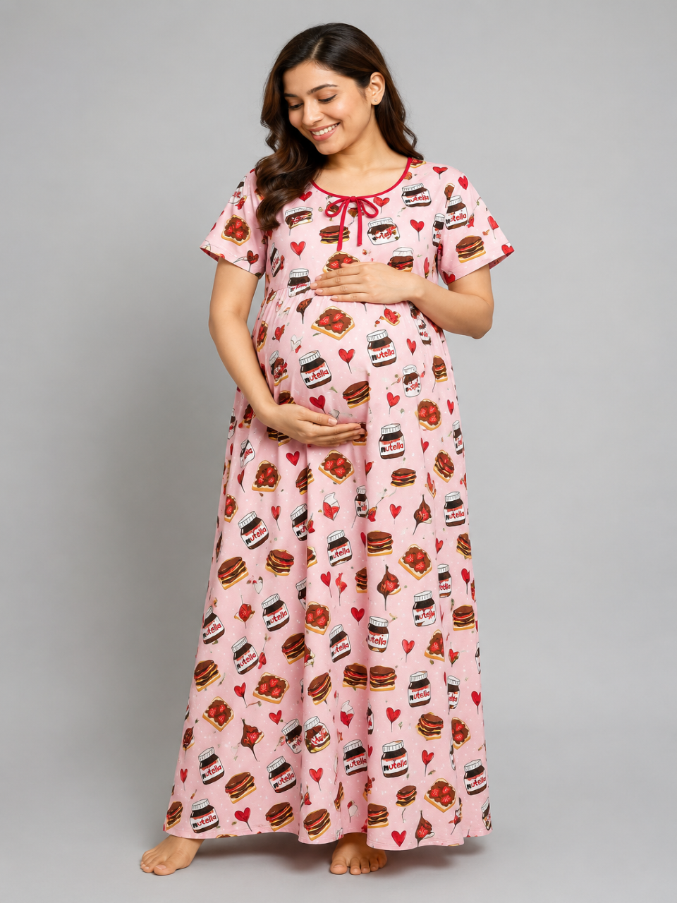 Nuts About Nutella Maternity Gown - Pure Cotton Round Neck Gown with 2 Invisible Zips for Feeding