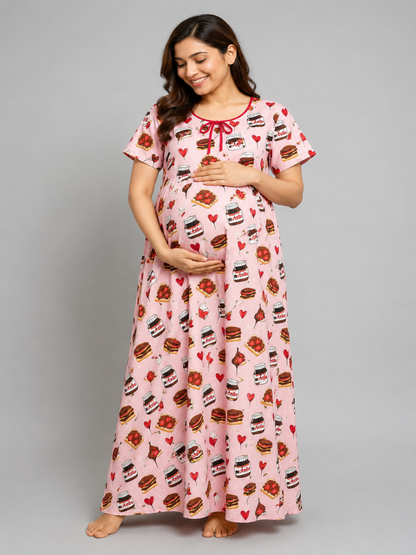 Nuts About Nutella Maternity Gown - Pure Cotton Round Neck Gown with 2 Invisible Zips for Feeding