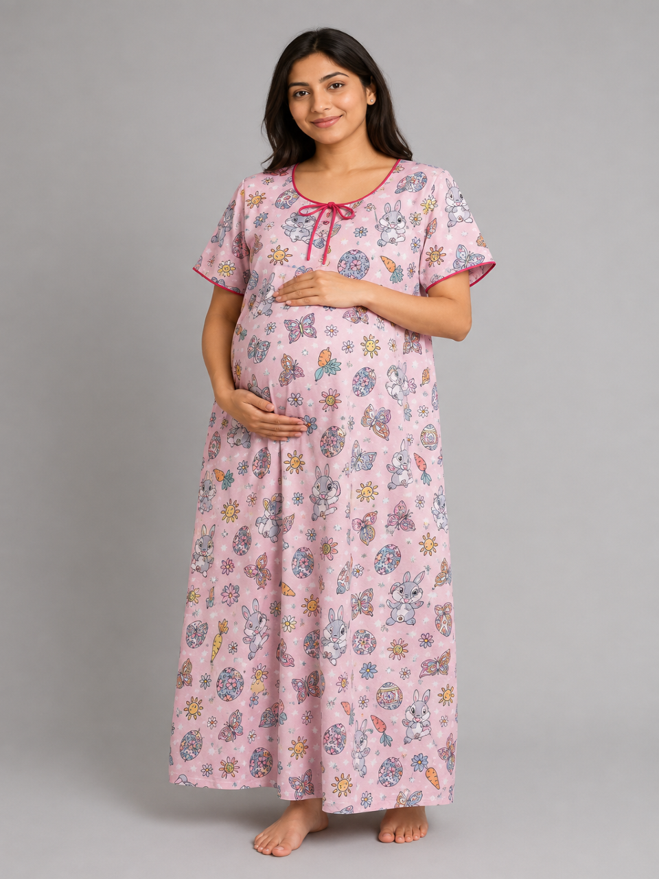 Peter Rabbit  Maternity Gown - Pure Cotton Round Neck Gown with 2 Invisible Zips for Feeding