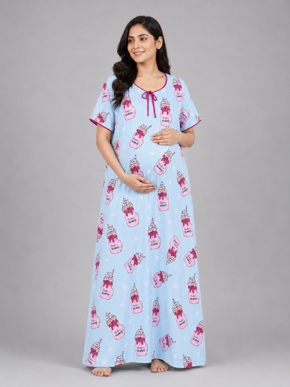 Shakey Wakey  Maternity Gown -Pure Cotton Round Neck Gown with 2 Invisible Zips for Feeding
