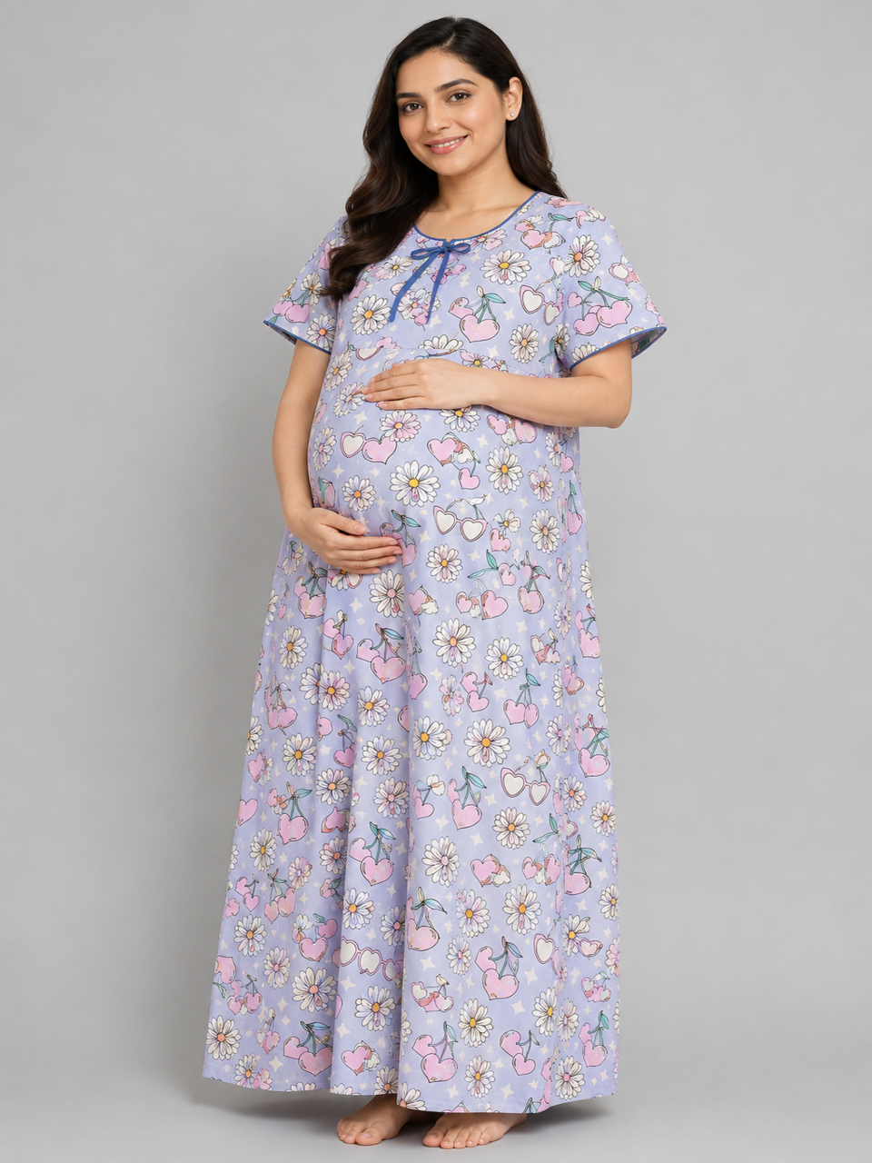 Summer Nights Maternity Gown -Pure Cotton Round Neck Gown with 2 Invisible Zips for Feeding