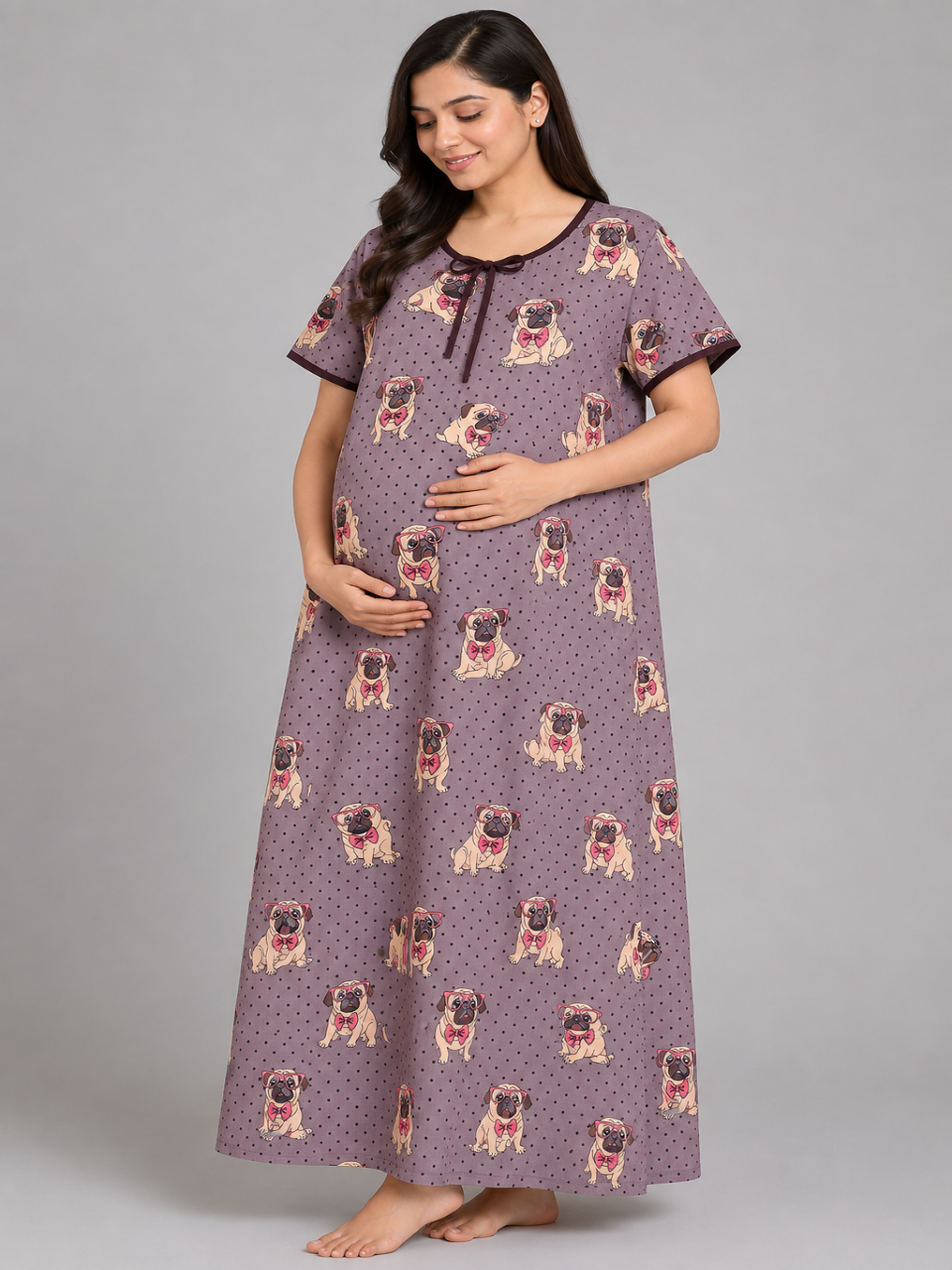 Pug Life Maternity Gown - Pure Cotton round Neck Gown with 2 Invisible Zips for Feeding