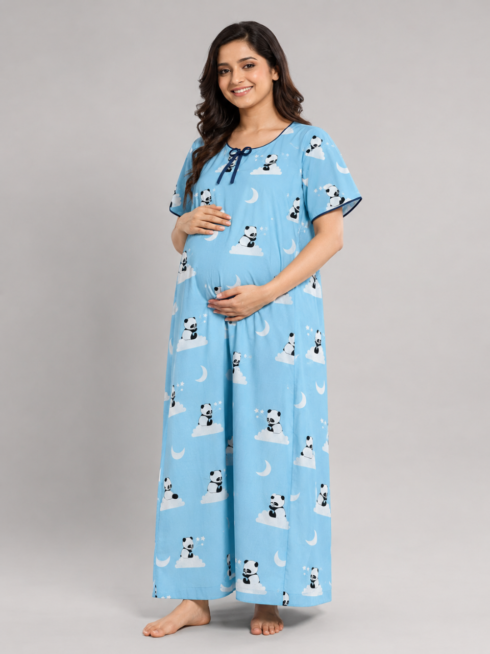 Dreaming Panda Maternity Gown - Pure Cotton Round Neck Gown with 2 Invisible Zips for Feeding