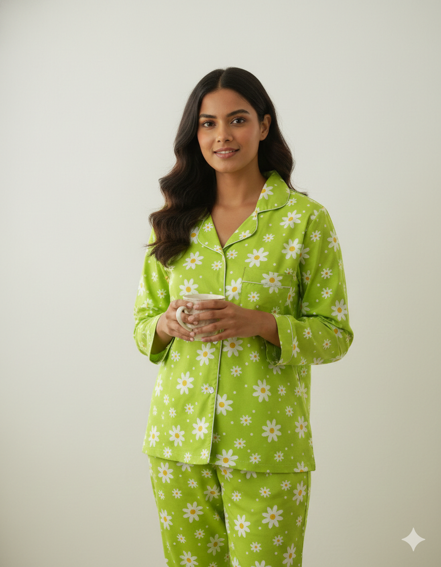 Daisy Dream Button Down Pj Set - Cotton Rayon Pj Set with Notched Collar