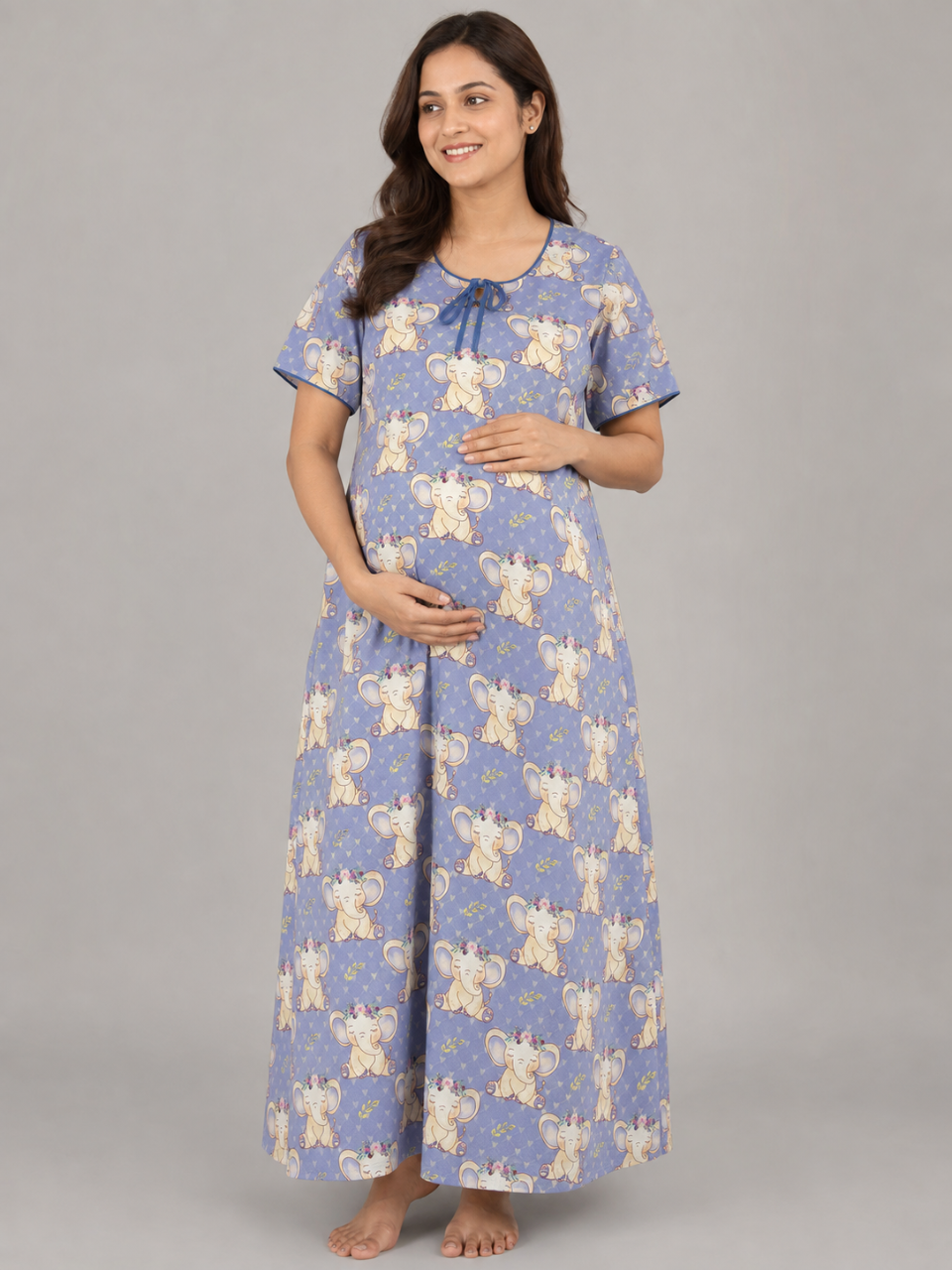 Elephantastic Maternity Gown - Pure Cotton Round Neck Gown with 2 Invisible Zips for Feeding