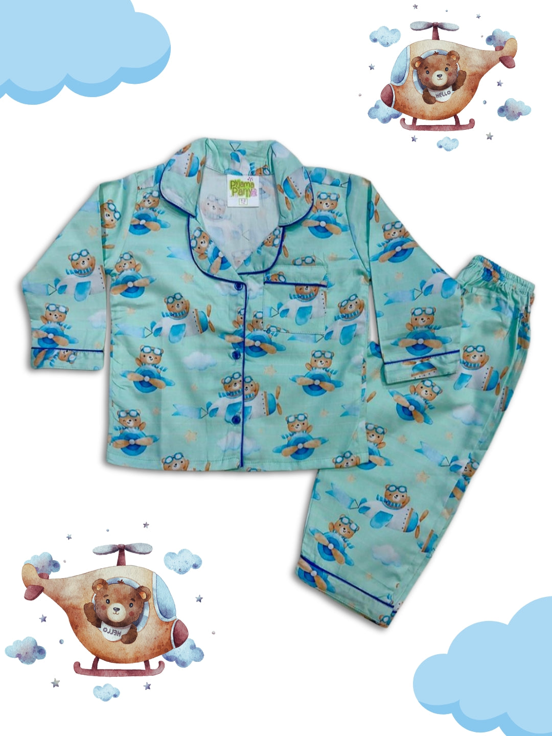 Fly High kids Button Down Pj Set - Pure Cotton Pj Set with Notched Collar