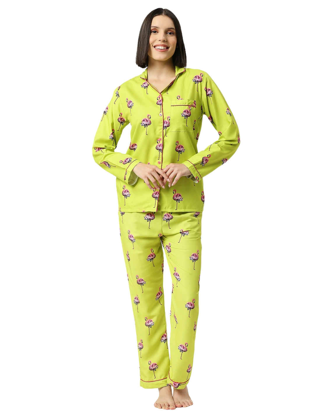 Flamingo Fluff Button Down Pj Set - Cotton Rayon Pj Set with Notched Collar