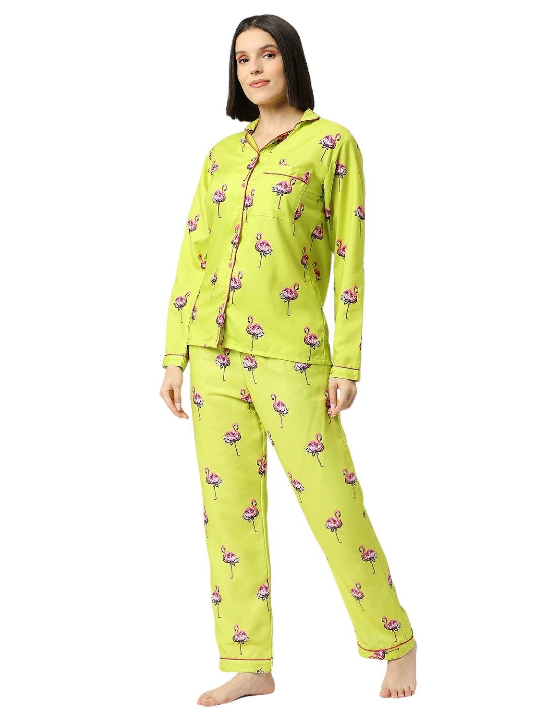 Flamingo Fluff Button Down Pj Set - Cotton Rayon Pj Set with Notched Collar