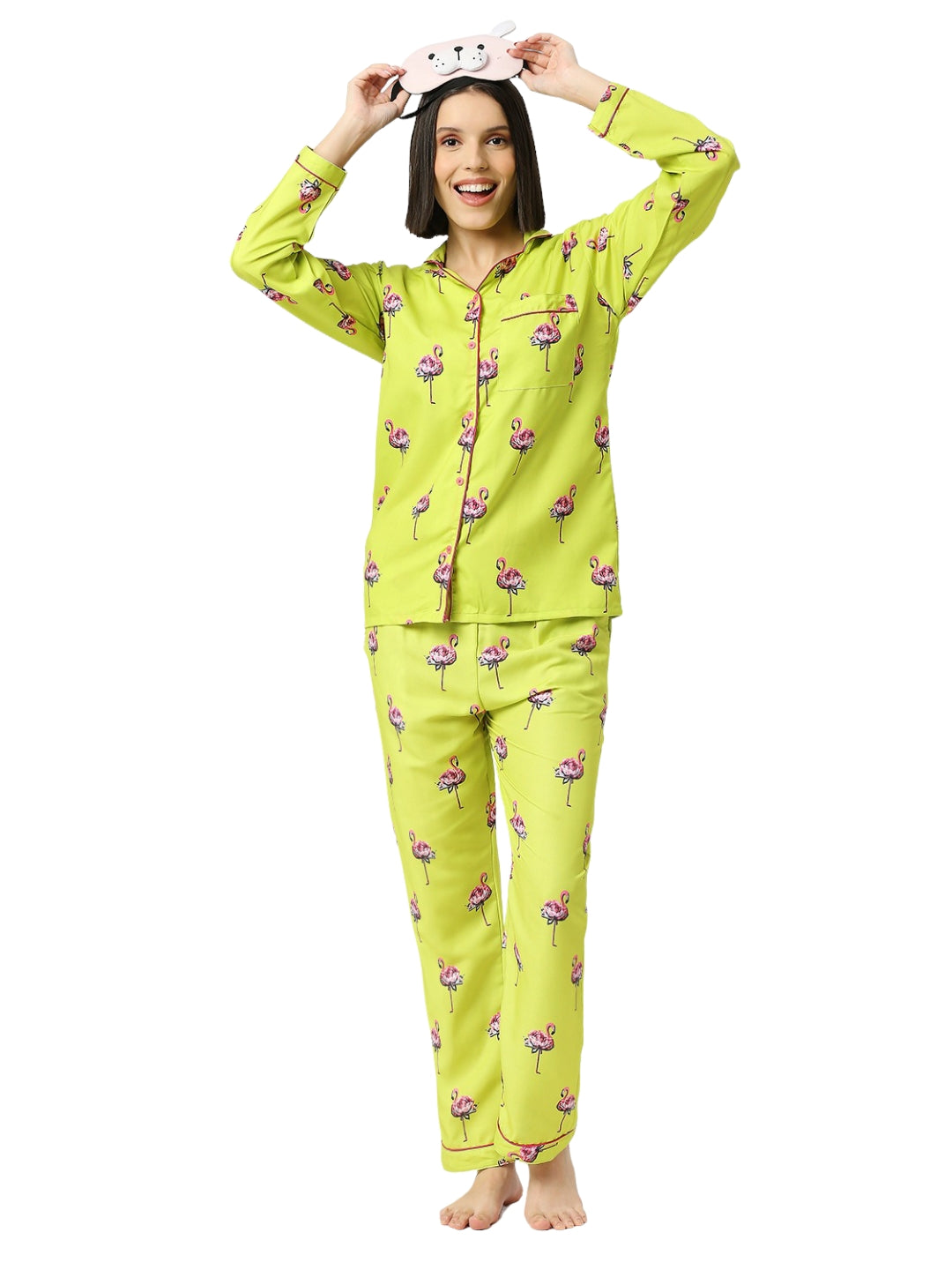 Flamingo Fluff Button Down Pj Set - Cotton Rayon Pj Set with Notched Collar