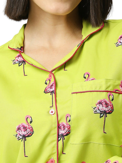 Flamingo Fluff Button Down Pj Set - Cotton Rayon Pj Set with Notched Collar