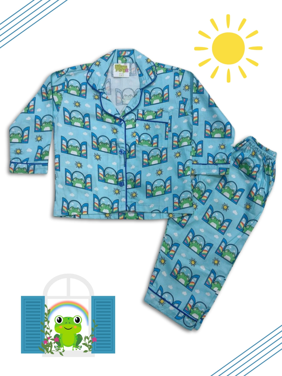 Hoppy Nights kids Button Down Pj Set - Pure Cotton Pj Set with Notched Collar