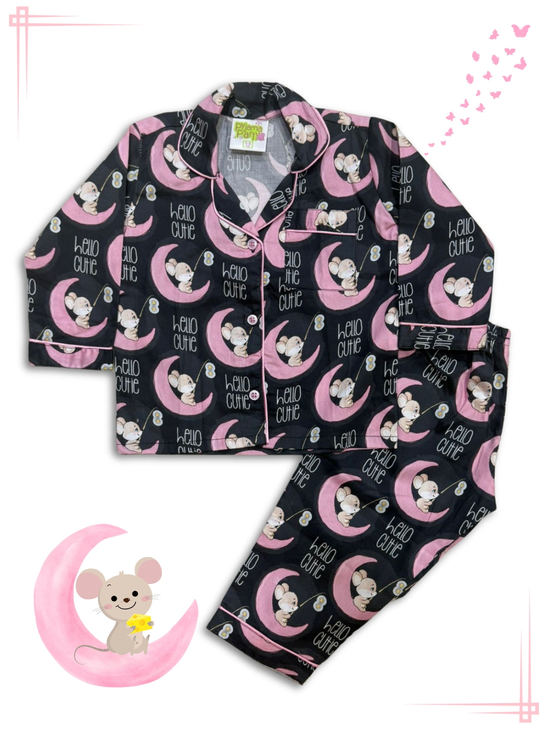 Hello Cutie kids Button Down Pj Set - Pure Cotton Pj Set with Notched Collar