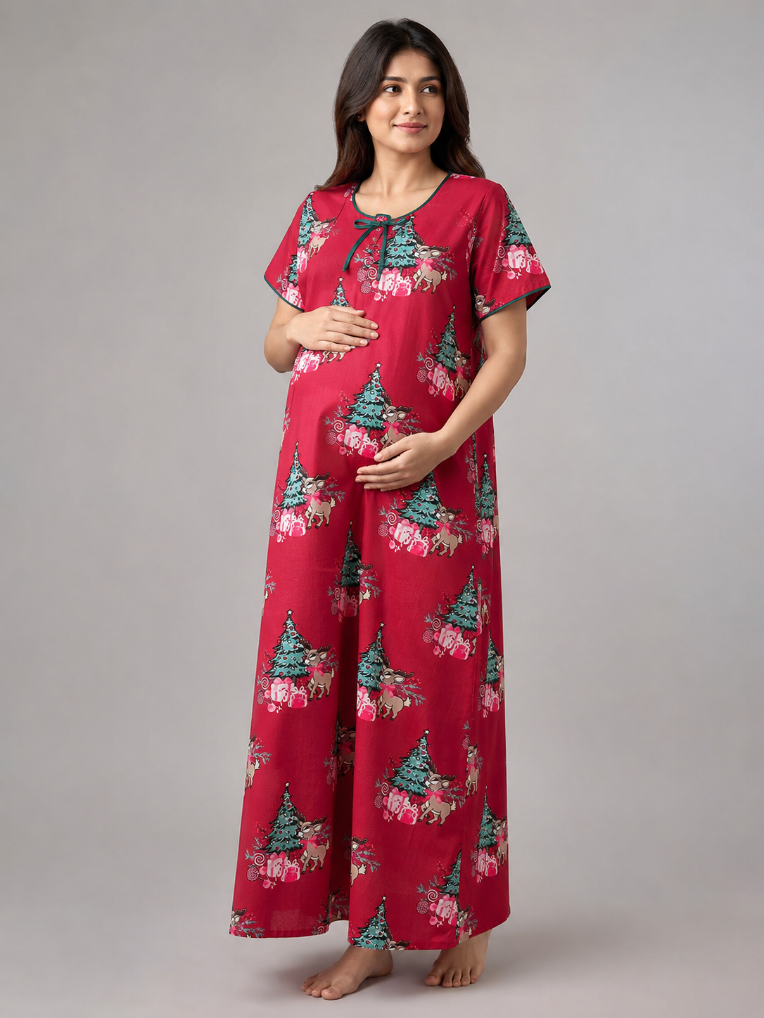 Holly Jolly Maternity Gown - Pure Cotton Round Neck Gown with 2 Invisible Zips for Feeding