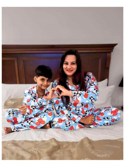 Happy Panda Cotton Rayon Mom &amp; Kids Twinning Pj Set