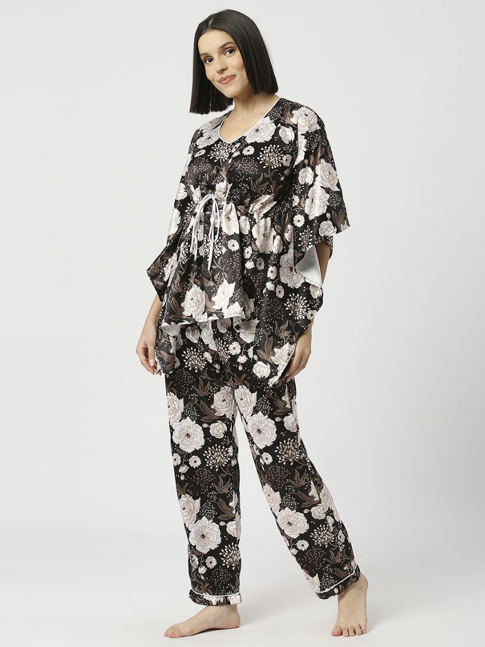 White Rose Satin Kaftan Pj Set - Luxury Printed Kaftan Pj Set
