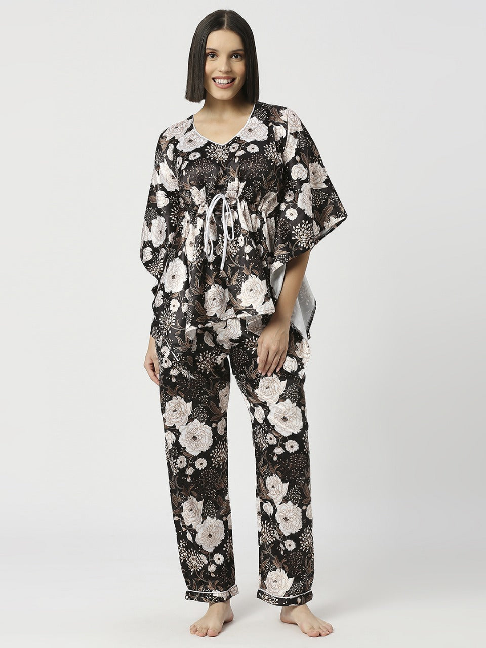 White Rose Satin Kaftan Pj Set - Luxury Printed Kaftan Pj Set