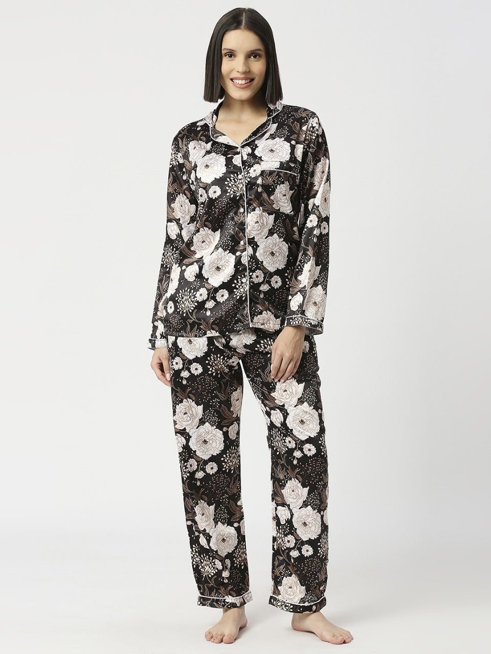 White Rose Satin Pj Set - Luxury Printed Button Down Pj Set