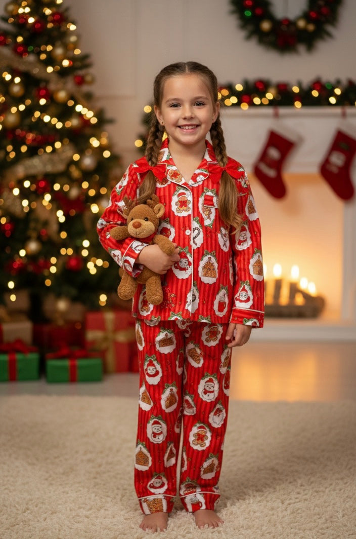 Christmas Carnival Kids Button Down Pj Set - Pure Cotton Pj Set with Notched Collar