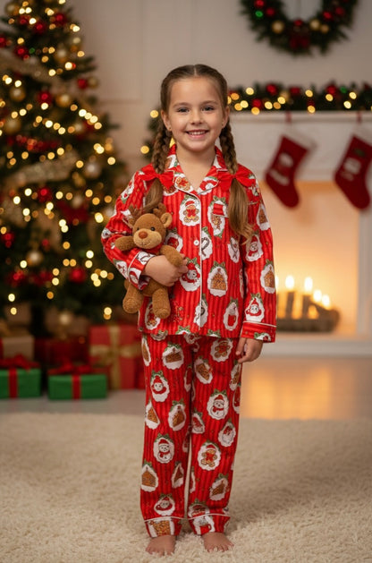 Christmas Carnival Kids Button Down Pj Set - Pure Cotton Pj Set with Notched Collar