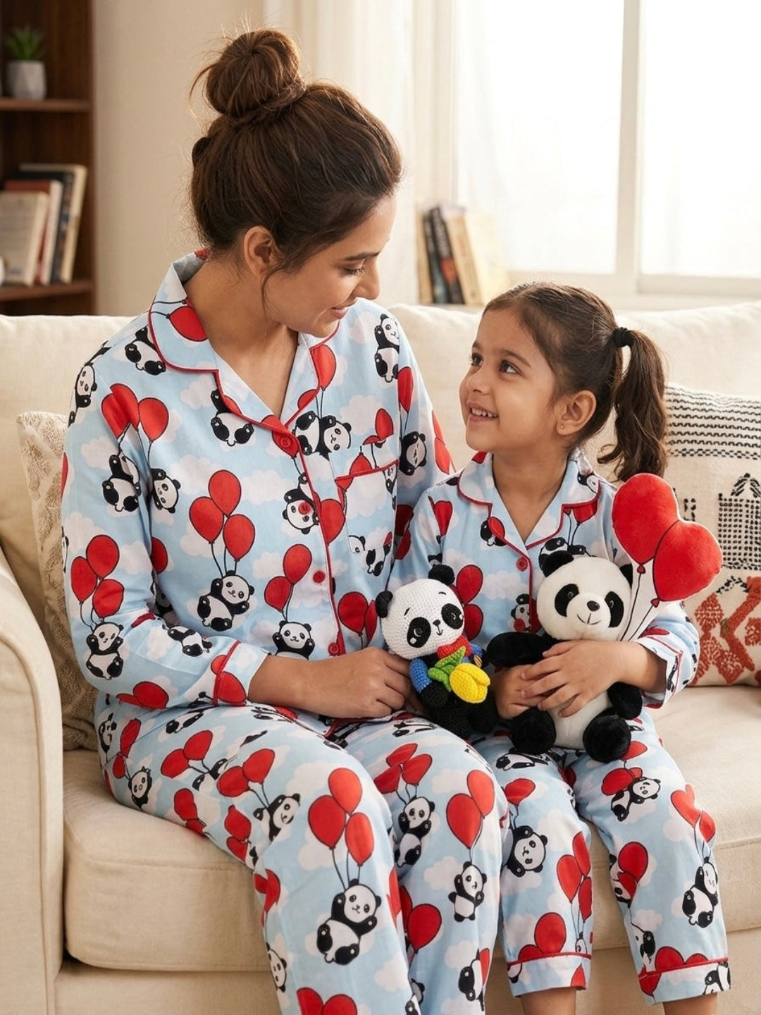 Happy Panda Cotton Rayon Mom & Kids Twinning Pj Set