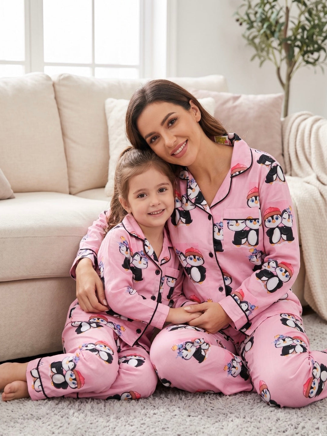 Pink Penguins Pure Cotton Mom &amp; Kids Twinning Pj Set