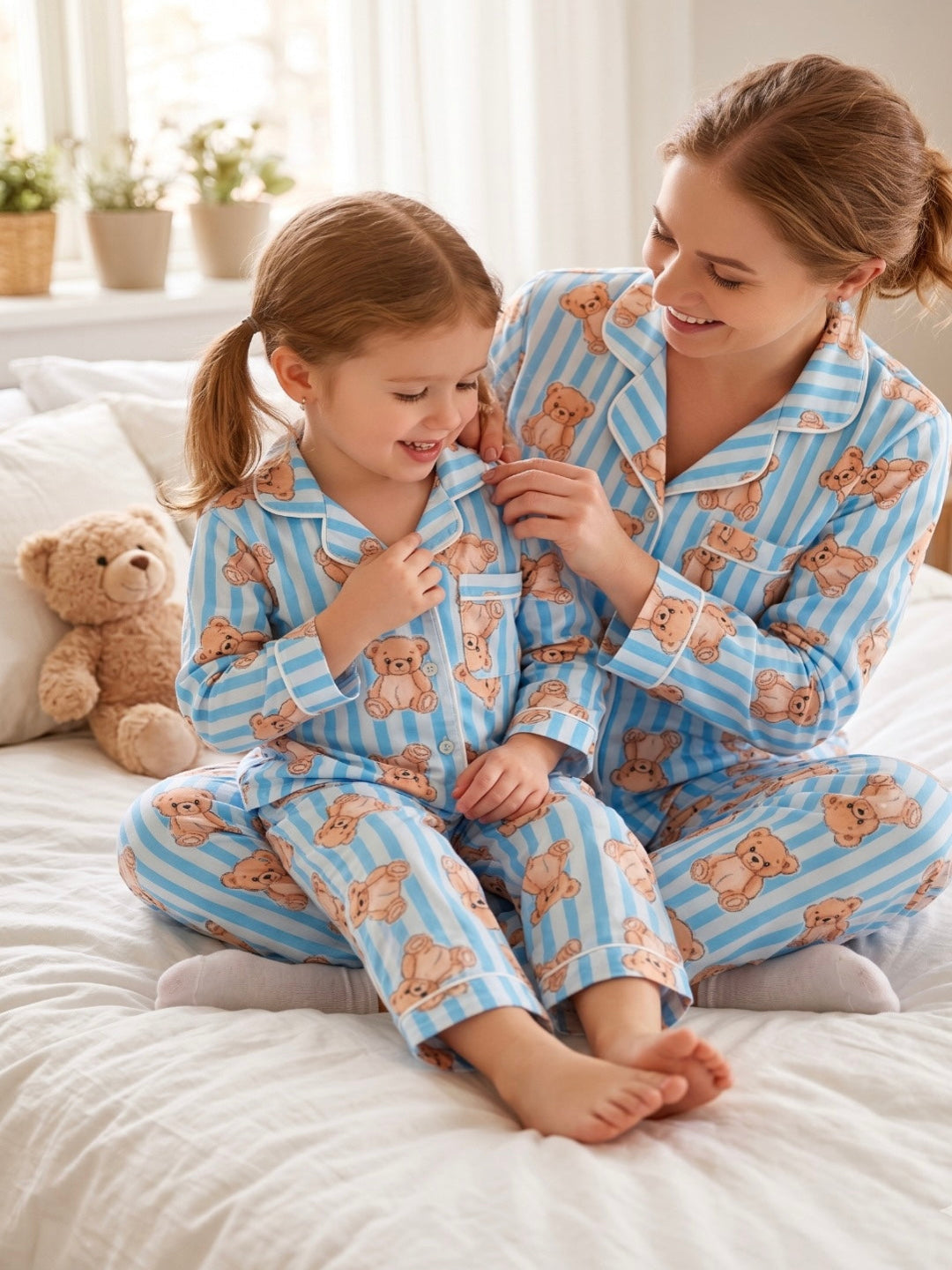 Hugs and Stripes Cotton Rayon Mom &amp; Kids Twinning Pj Set