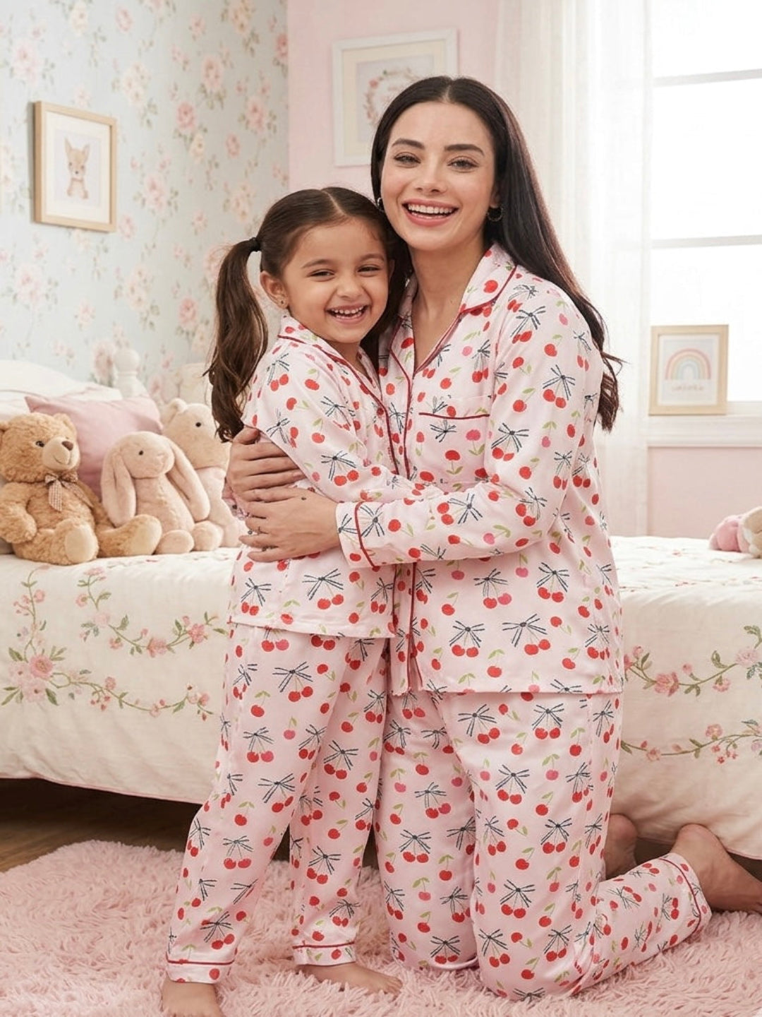 Berry Cozy Cotton Rayon Mom &amp; Kids Twinning Pj Set
