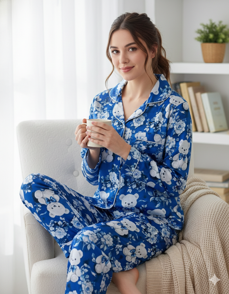 Beary Cute Button Down Pj Set - Pure Cotton Pj Set with Notched Collar