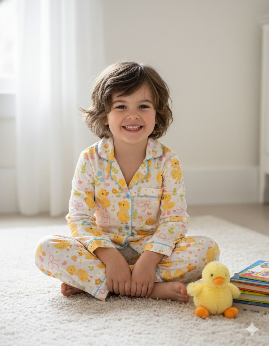 Sunny Duckling Kids Button Down Pj Set - Pure Cotton Pj Set with Notched Collar
