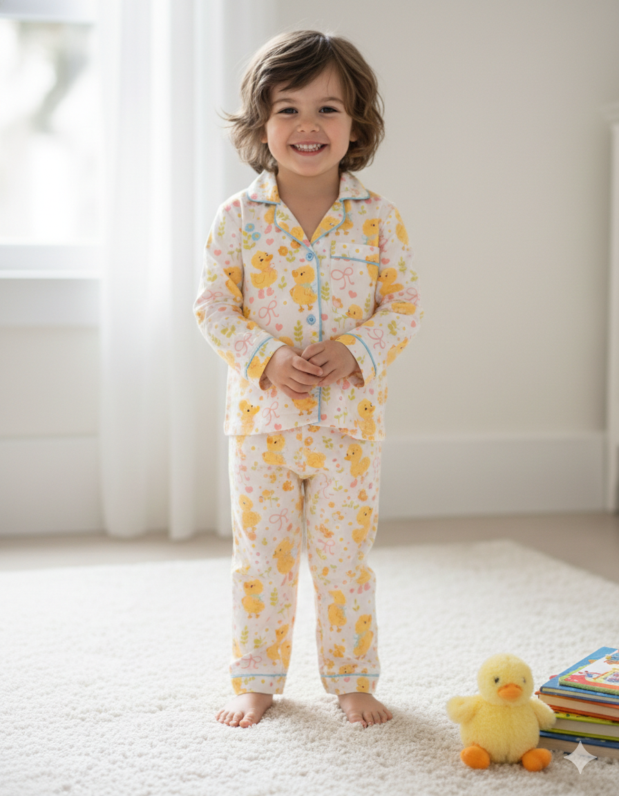 Sunny Duckling Kids Button Down Pj Set - Pure Cotton Pj Set with Notched Collar