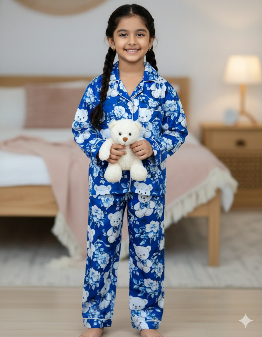 Beary Cute Kids Button Down Pj Set - Pure Cotton Pj Set with Notched Collar