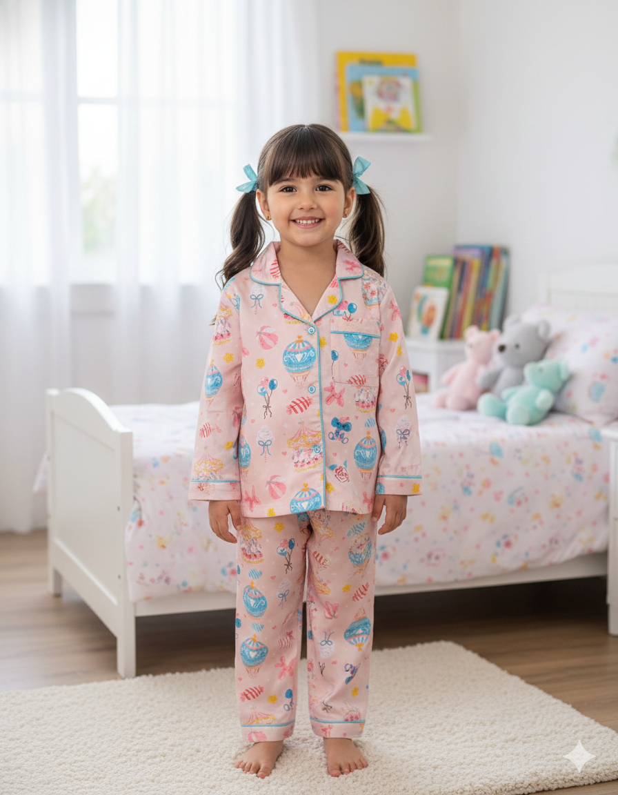 Funfair Kids Button Down Pj Set - Pure Cotton Pj Set with Notched Collar