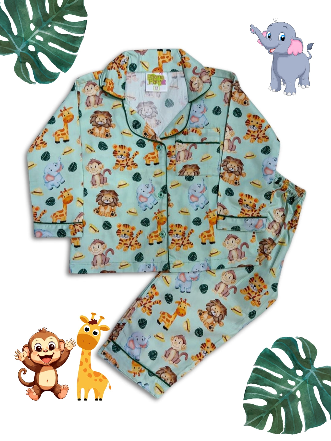 Into the Jungle Kids Button Down Pj Set - Pure Cotton Pj Set with Notched Collar