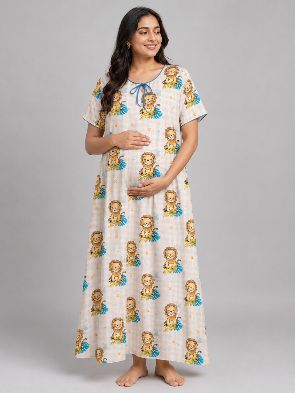 Little Lion Maternity Gown - Pure Cotton Round Neck Gown with 2 Invisible Zips for Feeding