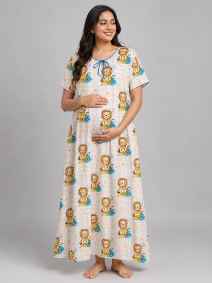 Little Lion Maternity Gown - Pure Cotton Round Neck Gown with 2 Invisible Zips for Feeding