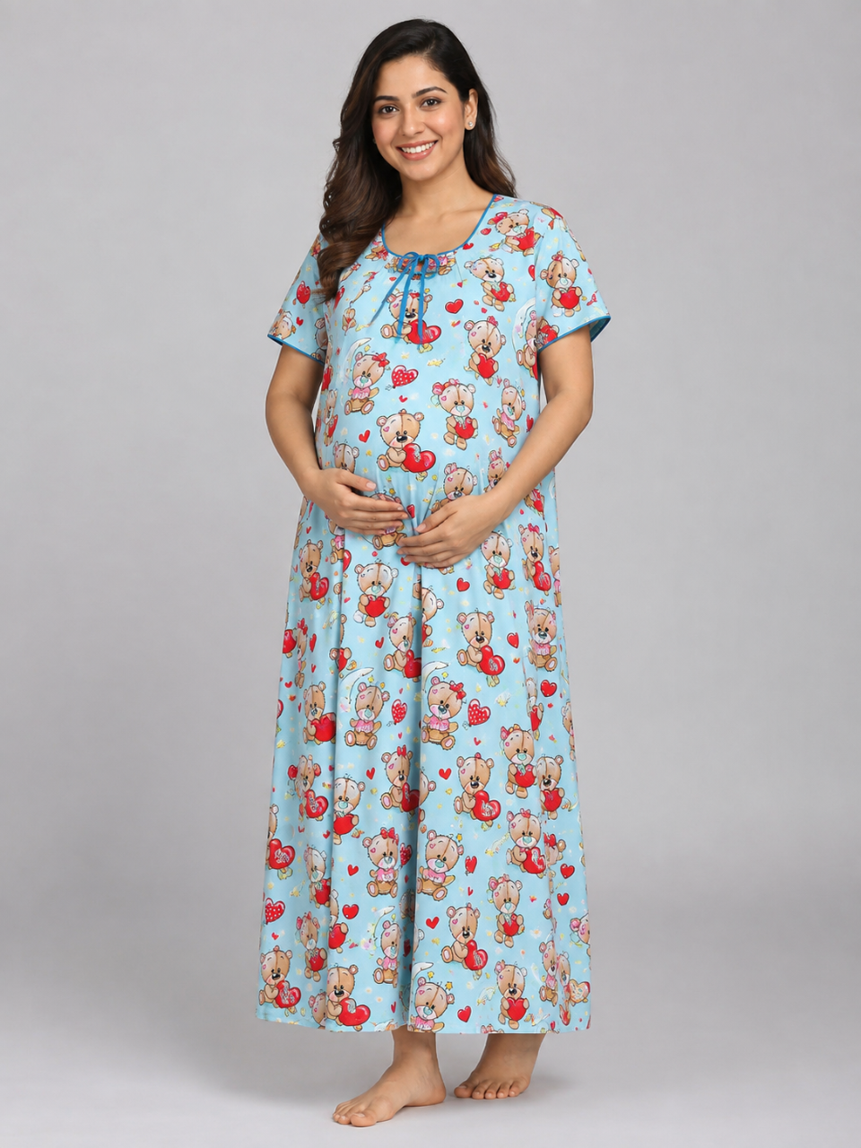 Loving Teddy Maternity Gown - Pure Cotton Round Neck Gown with 2 Invisible Zips for Feeding