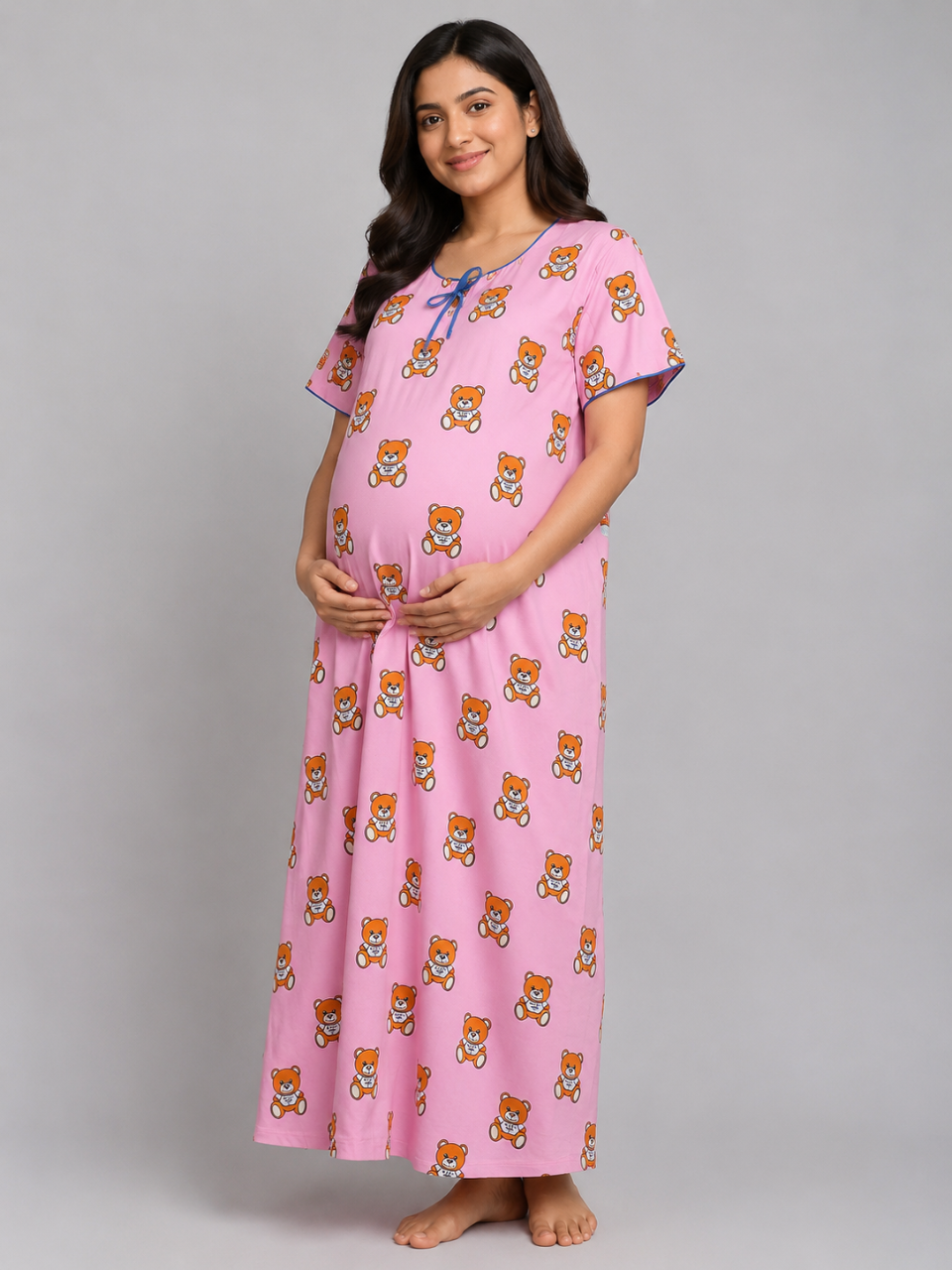 Moschino Maternity Gown - Pure Cotton Round Neck Gown with 2 Invisible Zips for Feeding