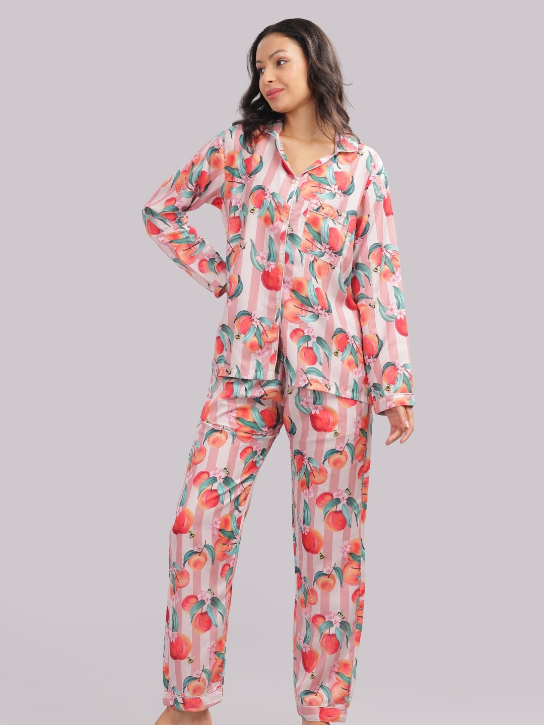 Peaches &amp; Stripes Button Down Pj Set - Cotton Rayon Pj Set with Notched Collar