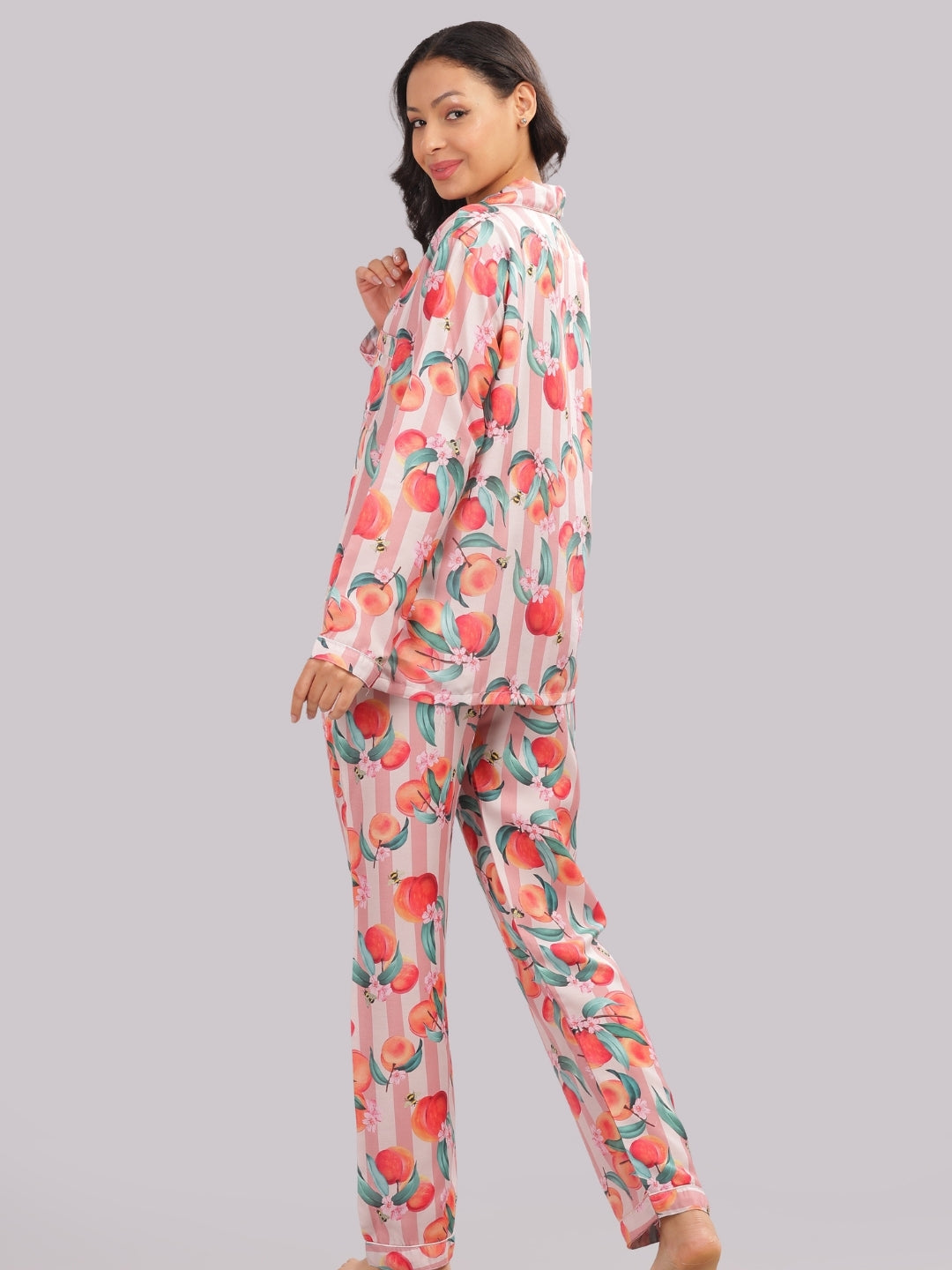 Peaches &amp; Stripes Button Down Pj Set - Cotton Rayon Pj Set with Notched Collar