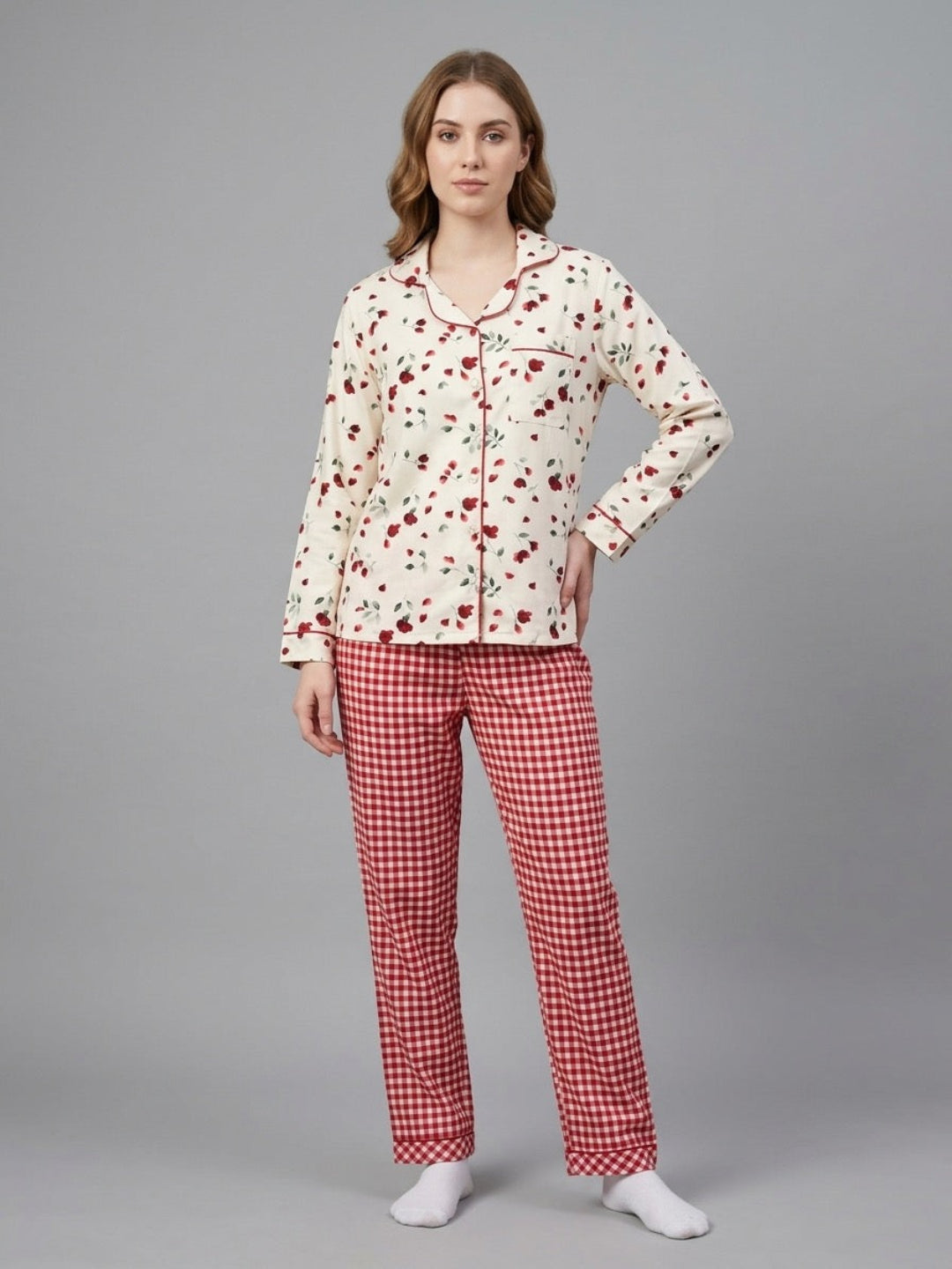 Petal Plaid Button Down Pj Set - Cotton Rayon Pj Set with Notched Collar