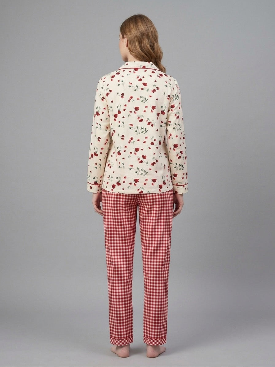 Petal Plaid Button Down Pj Set - Cotton Rayon Pj Set with Notched Collar