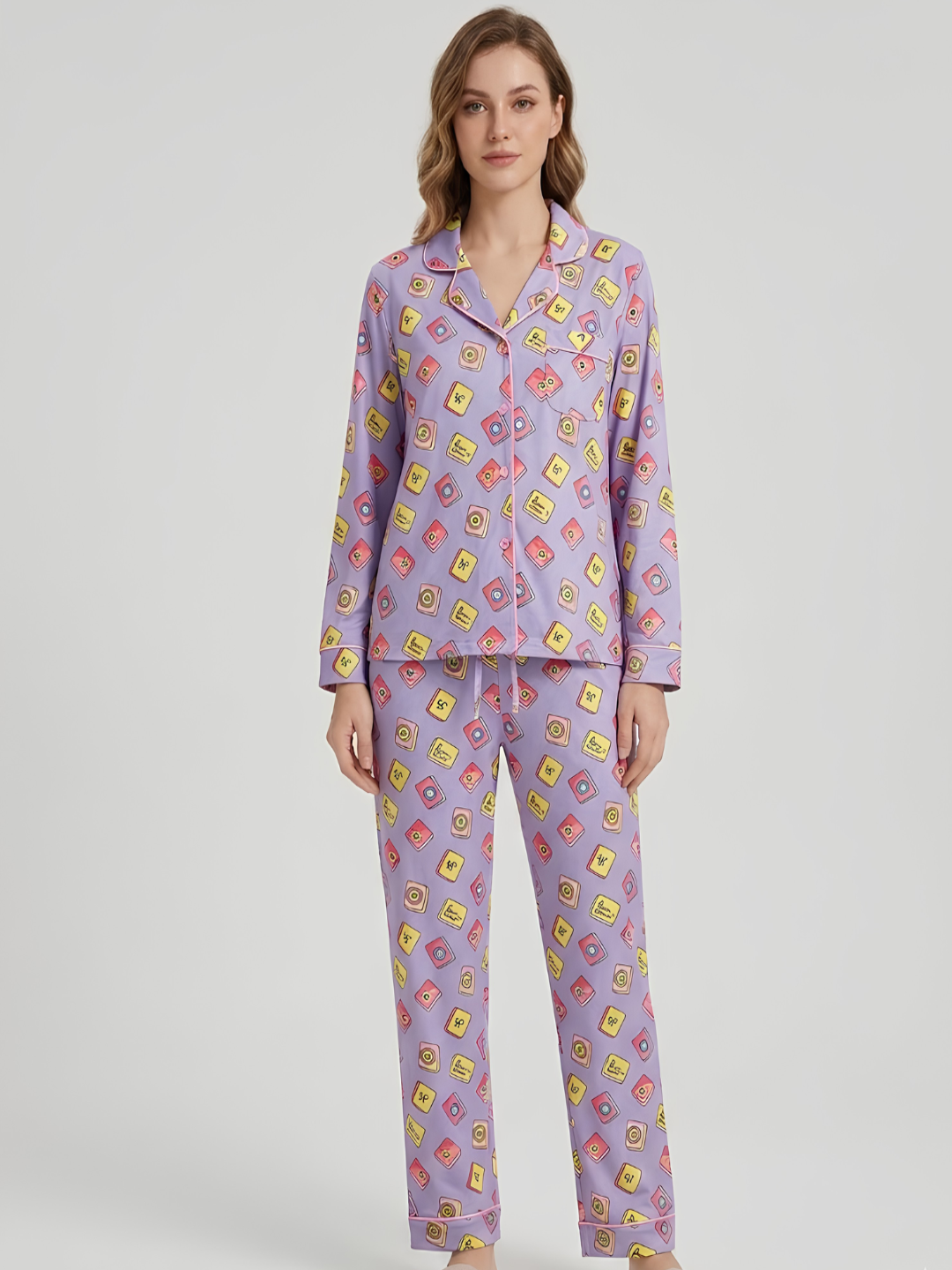 Mahjong Lilac Button Down Pj Set - Pure Cotton PJ Set with Notched Collar