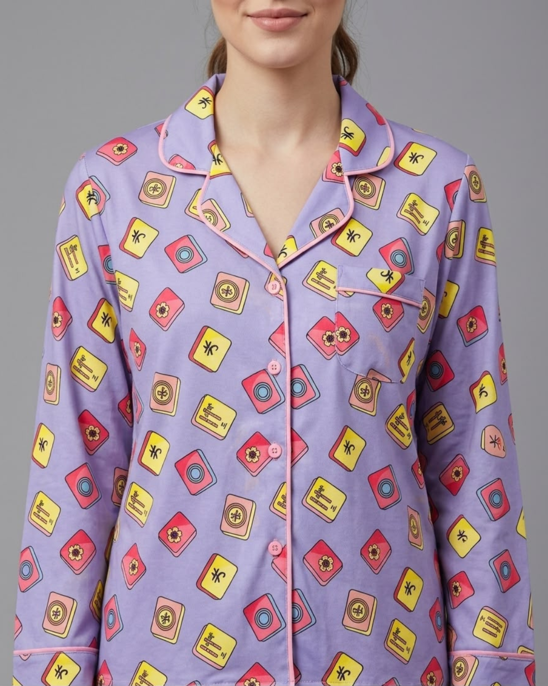 Mahjong Lilac Button Down Pj Set - Pure Cotton PJ Set with Notched Collar