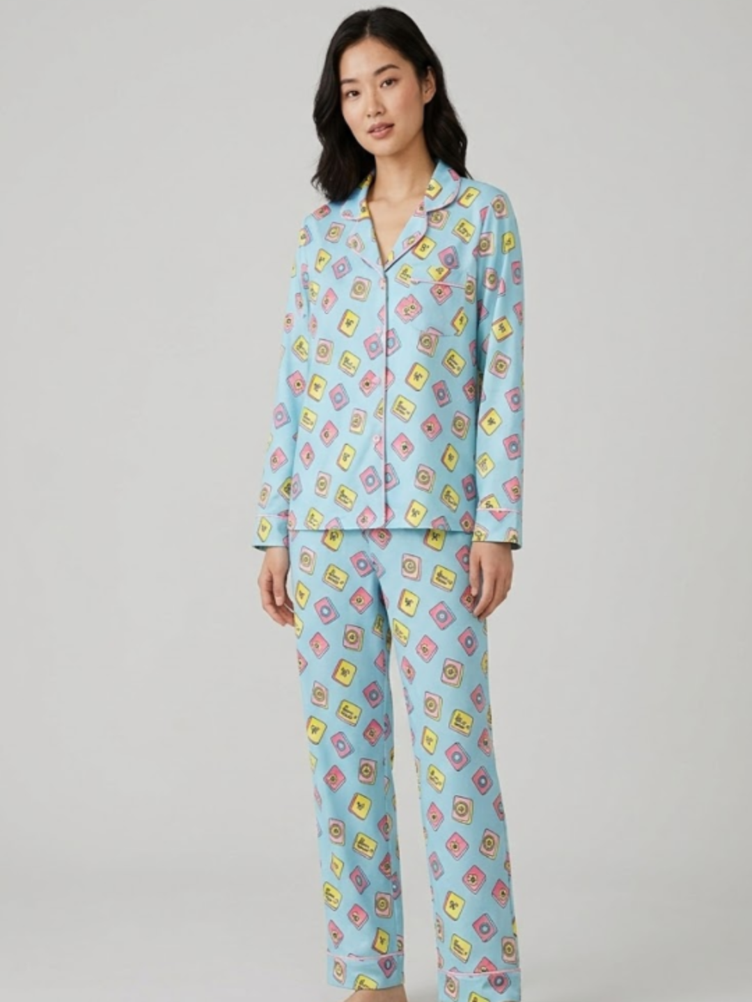 Mahjong Blue Button Down Pj Set - Pure Cotton PJ Set with Notched Collar