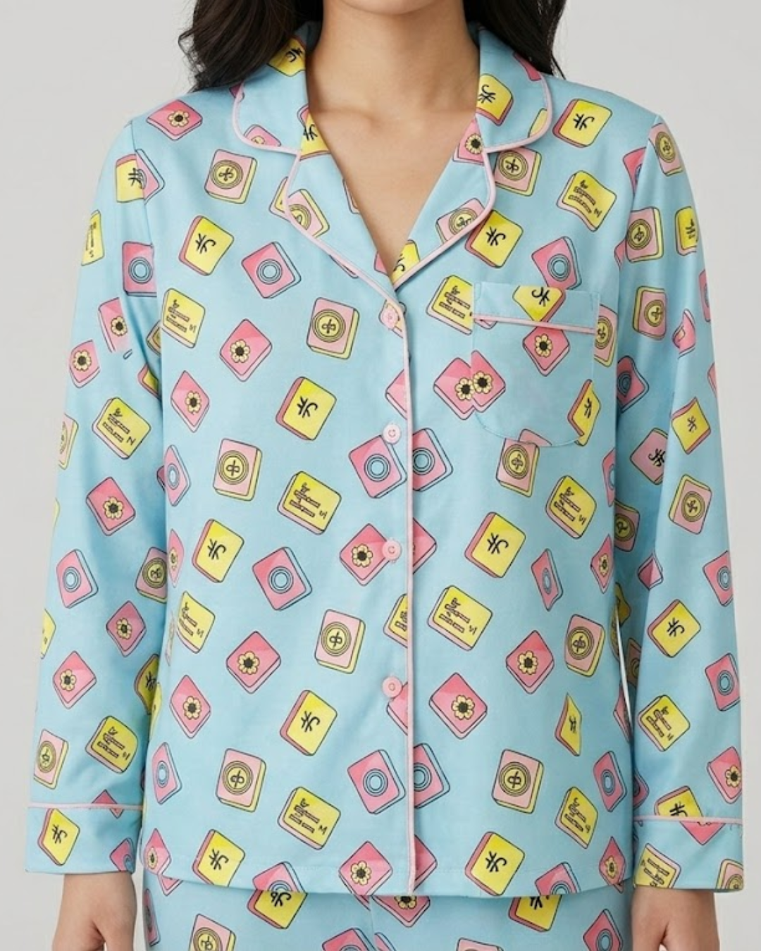 Mahjong Blue Button Down Pj Set - Pure Cotton PJ Set with Notched Collar