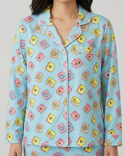Mahjong Blue Button Down Pj Set - Pure Cotton PJ Set with Notched Collar