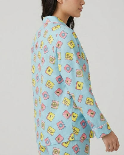 Mahjong Blue Button Down Pj Set - Pure Cotton PJ Set with Notched Collar